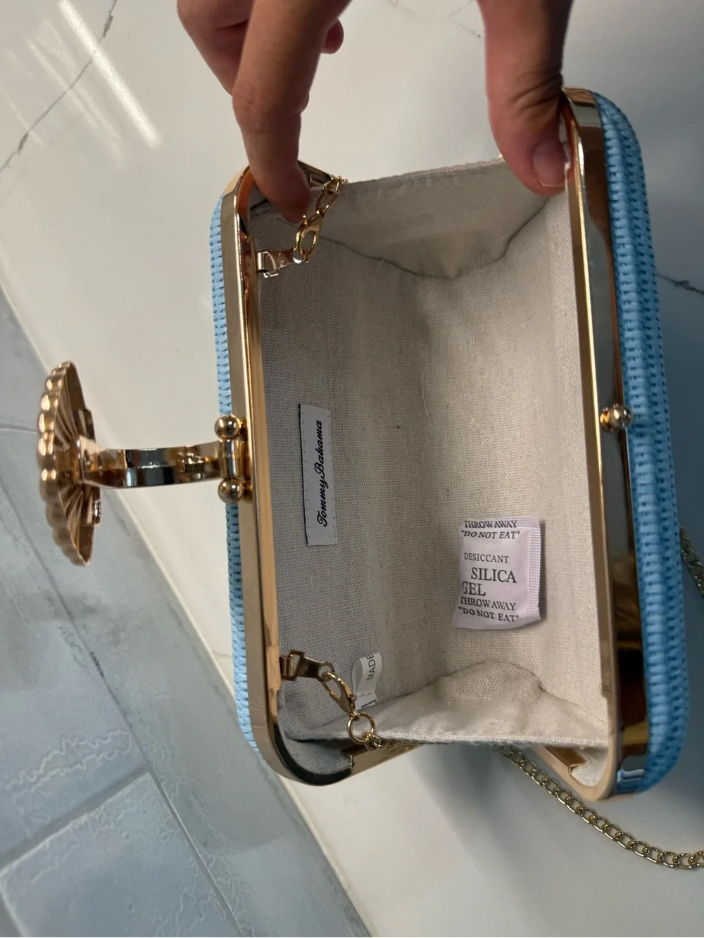 Tommy Bahama Sky Blue Woven Clutch with Gold Shell Clasp